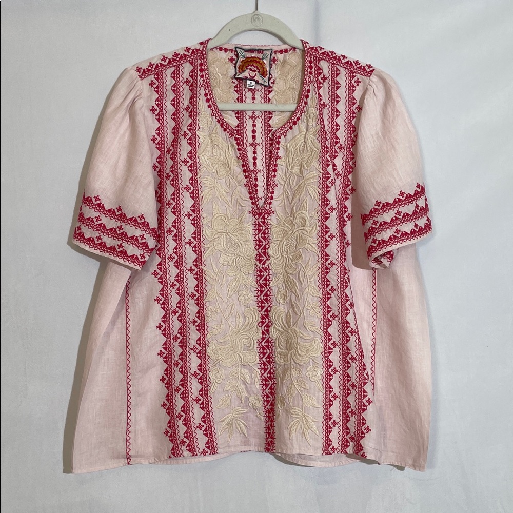 Johnny Was Tunic Top Size M Pink Cream Embroidered Linen